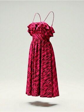 Batsheva Magenta Red and Black Zebra-Print Midi Dress